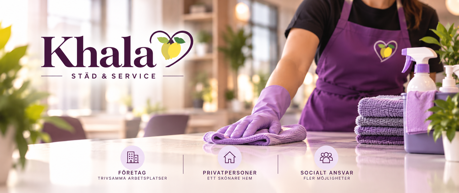 Khala Städ & Service — en medarbetare i lila förkläde torkar en ren bänkskiva, med Khala-logotypen till vänster
