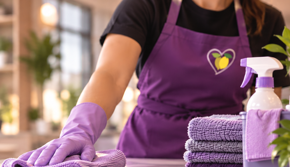 Khala Städ & Service — en medarbetare i lila förkläde torkar en ren bänkskiva